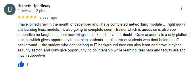Craw Security student name Utkarsh Upadhay praising networking course. 