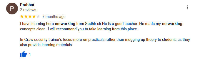 Craw Security student name Prabhat praising networking course. 