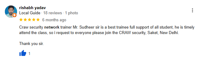 Craw Security student name rishabh yadav praising networking course. 