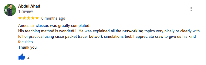 Craw Security student name Abdul Ahad praising networking course. 