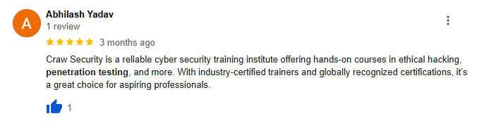 Review praising Craw Cyber Security's Penetration Testing course for its practical curriculum, expert guidance from expert faculity, and enhanced learning experience.