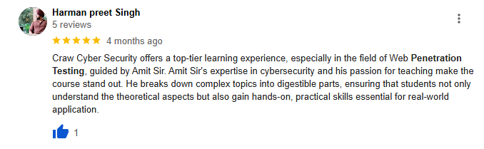 Review praising Craw Cyber Security's WebPT course for its practical curriculum, expert guidance from Amit Sir, and enhanced learning experience.