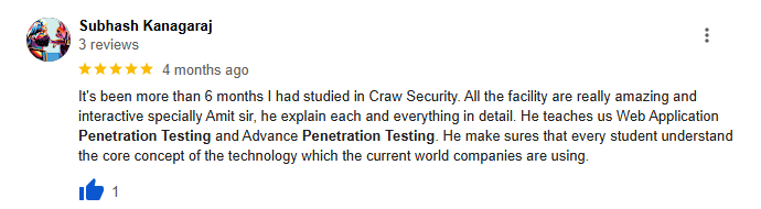 Positive review by Subash Kanagaraj applauding Craw Security's web penetration testing and advanced penetration testing course for practical learning, engaging teaching style, and improved cybersecurity skills.