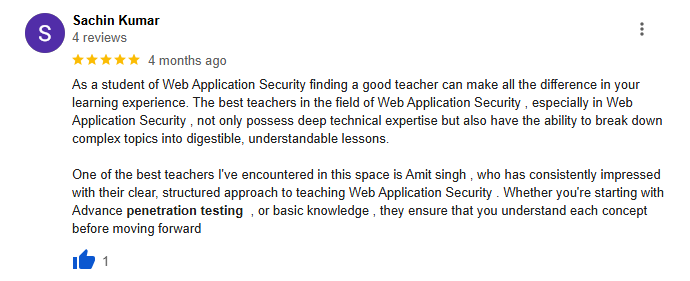 Review by Sachin Kumar praising web penetration testing course by Craw Security for clear guidance, hands-on labs, and boosting confidence in cybersecurity skills.