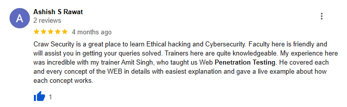 Ashish S Rawat praising web penetration testing course for clear teaching, real-world examples, and boosting confidence in cybersecurity skills.